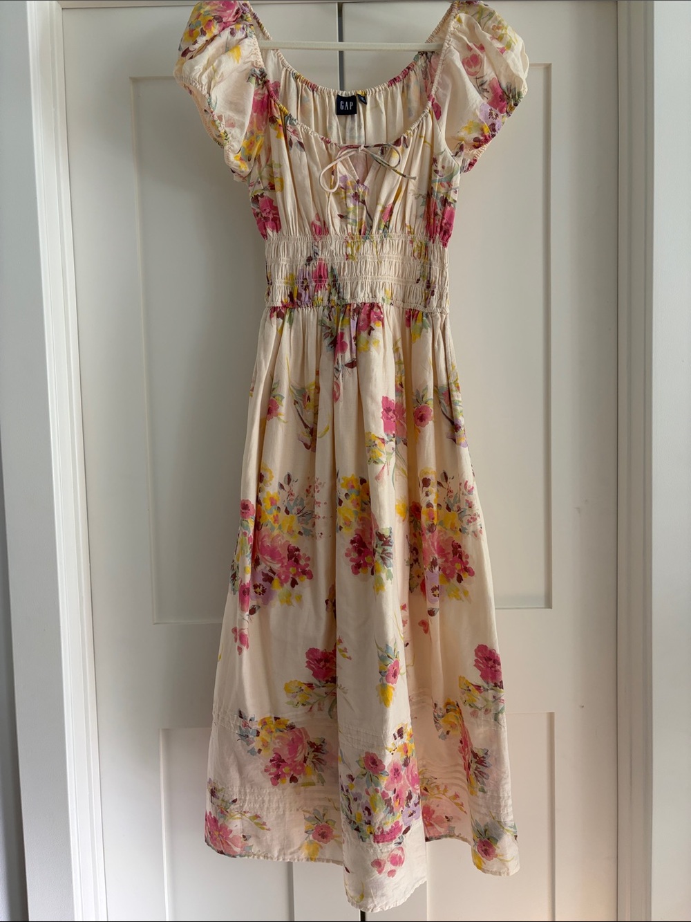GAP Cream Floral Puff-Sleeve Smocked Waist Peasant Milkmaid Maxi Dress, M